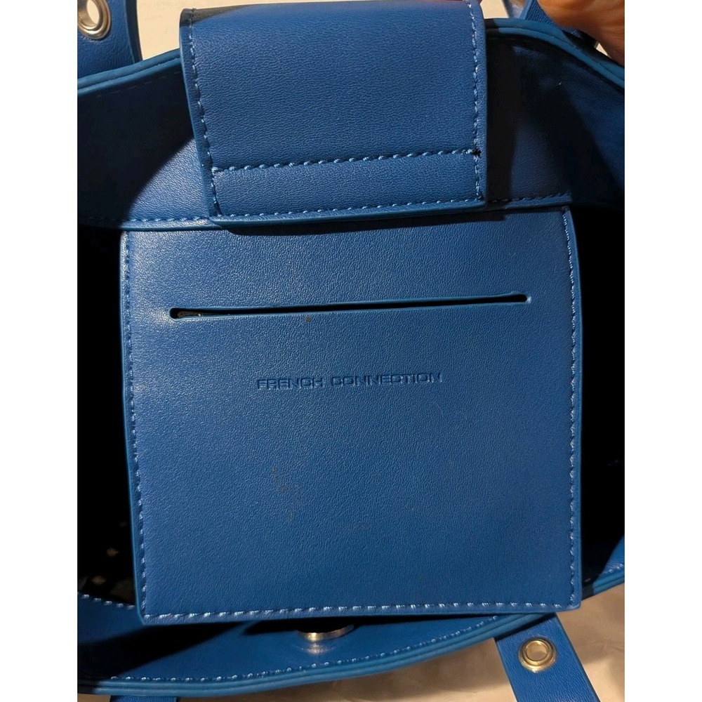French Connection Purse Blue Faux Leather Bag Tote Grommets Double Handle - Picture 5 of 16